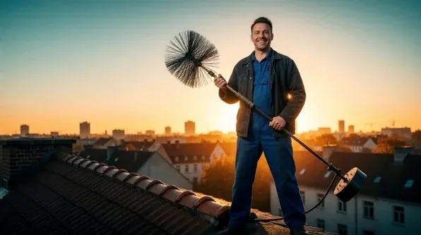 Chimney technician on a rooftop at dusk in Orange County, NC