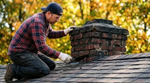 Mason repairing a historic chimney crown in the Franklin-Rosemary district